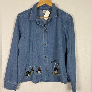 DOS Christopher& Banks penguin embroidered chambray long sleeve shirt Holiday
